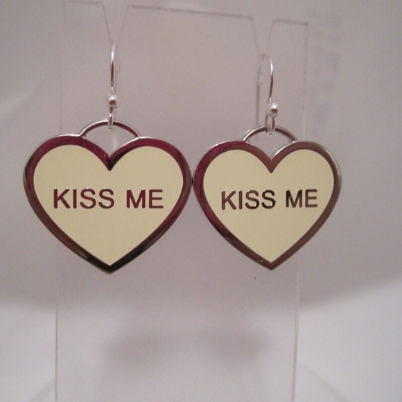 COACH EARRINGS "KISS ME" HEARTS STERLING EAR WIRES w/Small Gift Box - Picture 1 of 2